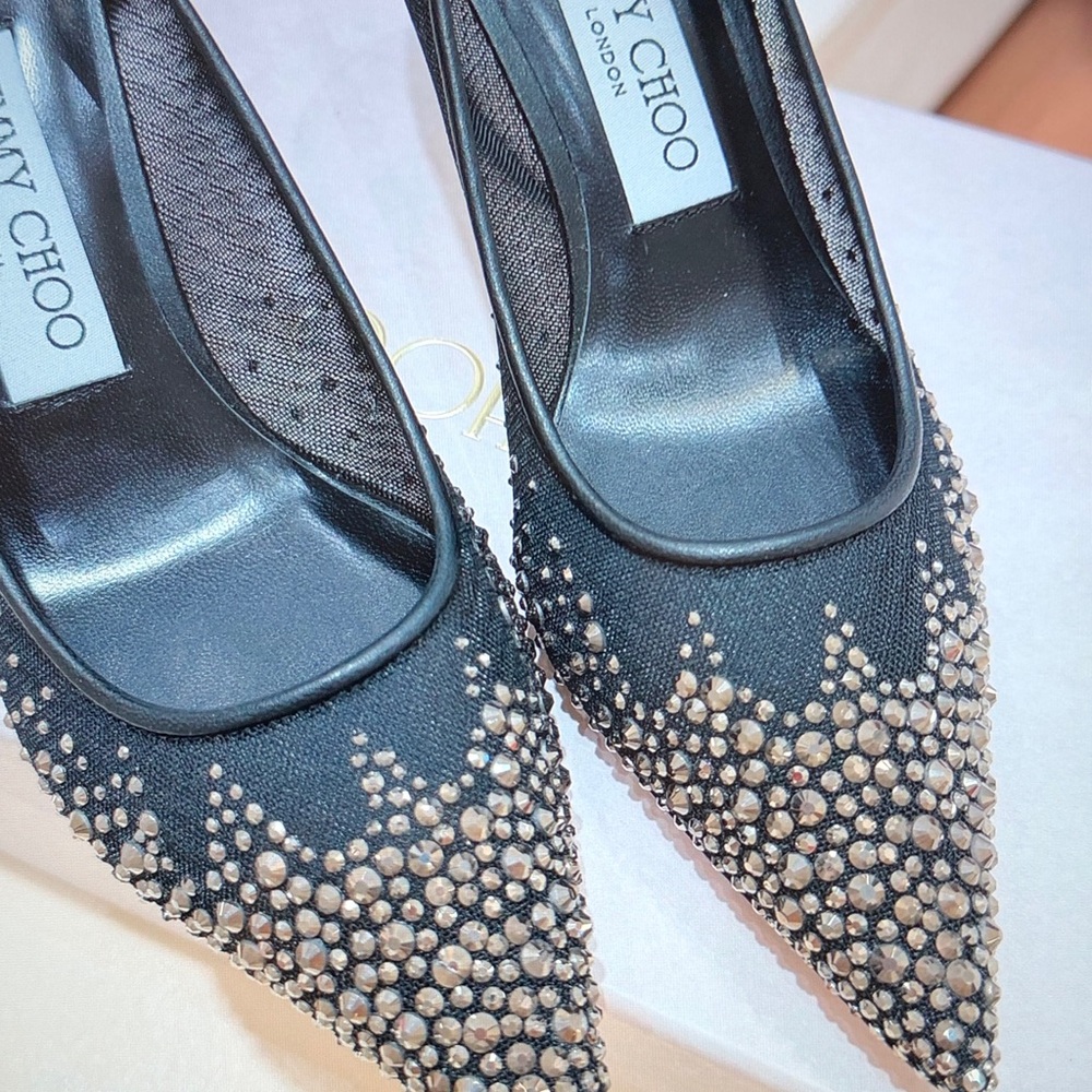 Jimmy Choo Black Pointed-Toe Mesh Flats with Crystal Studs - Picture 3 of 5